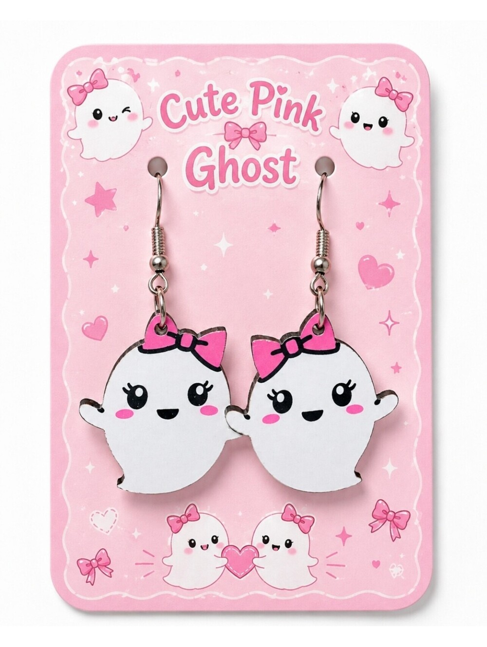 Halloween Cute Pink Bow Ghost Hypoallergenic Dangle Drop Earrings